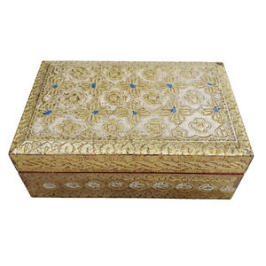 Vintage MCM Italian Florentine Gilt Wood Small Decorative Trinket Box Gold Blue